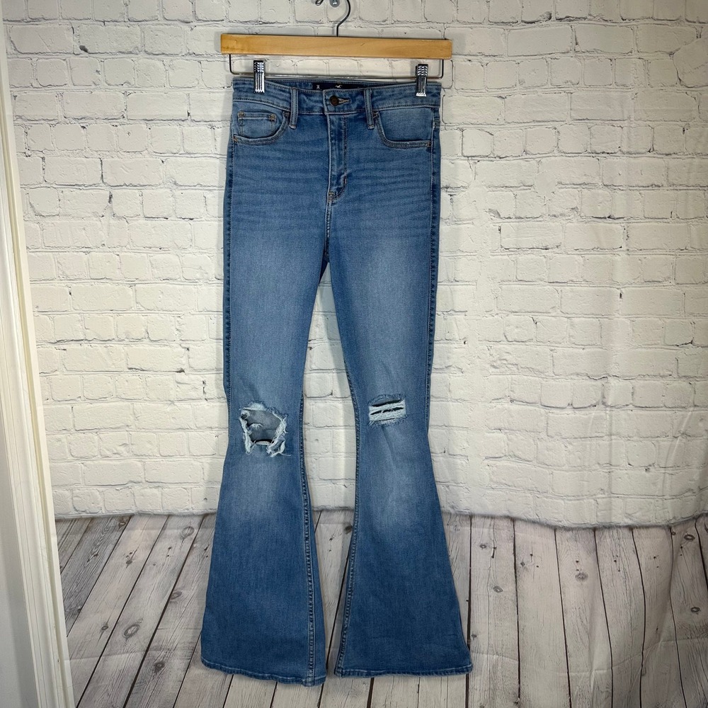 Hollister High Rise Vintage Flare Jeans Distressed Blue 3L W26 L34 Soft Stretch
